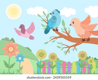 Ilustración plana moderna de los pájaros en un paisaje de verano o primavera. Vector