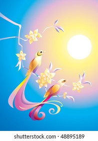 Birds in the morning on the branch with flowers, in Chinese traditional style, vector illustration