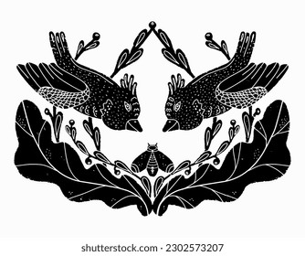 Birds and moth. Black symmetrical composition. In the style of linocut. Scandinavian rustic ornament. Element for design