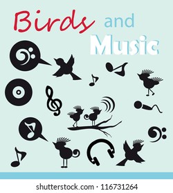 birds and music silhouette icons sets