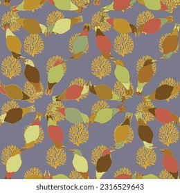 Birds and Nature Floral Exotic Seamless Pattern. Banana quit bird vector illustration. Print for textile, print and fabric. 