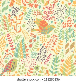 Birds in nature. Vintage floral seamless pattern in bright colors in vector.