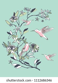 Birds near the branch with flowers. Vector illustration.