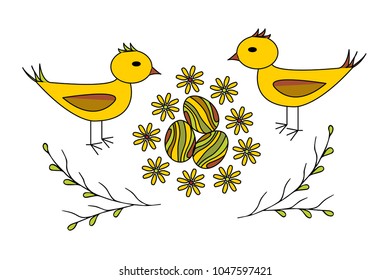 Birds near the nest with eggs.  Children's drawing, Vector illustration.