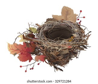 Bird's Nest in autumn.
Hand drawn vector illustration of a bird's nest with colorful fallen leaves, on white background.