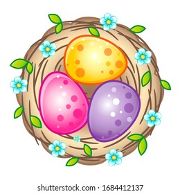 Vogelnest mit hellen Ostereiern. Vektorillustration einzeln auf weißem Hintergrund