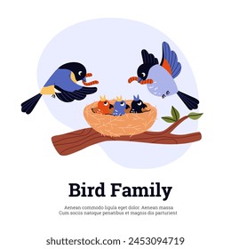 Nido de pájaros con padres solidarios. Ilustración de una familia de aves en una rama alimentando gusanos a sus polluelos. Cartel de Vector plano de pájaros que cuidan de bebés gritando, con espacio para texto.