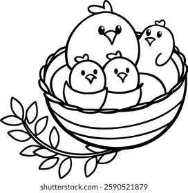 Bird`s nest with chicks vector  art  illustration  