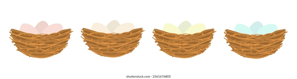 Birds nest with colorful eggs. Wild branches collected together for nesting and hatching chicks with nature vector design