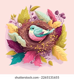 Bird's nest with colorful leaves and bird inside, flat illustration