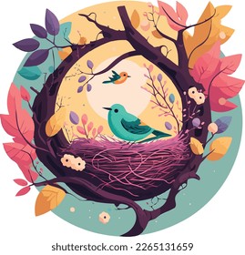 Bird's nest with colorful leaves and bird inside, flat illustration