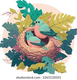 Bird's nest with colorful leaves and pair of birds inside, flat illustration