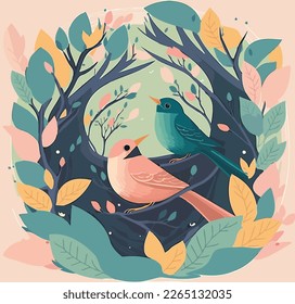 Bird's nest with colorful leaves and pair of birds inside, flat illustration
