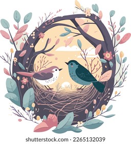 Bird's nest with colorful leaves and pair of birds inside, flat illustration