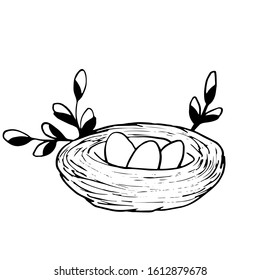 Bird's Nest with easter eggs and  branches isolated on white background. Natural interlacing. Vector stock illustration. Black and white hand drawn logo. Doodle style. 