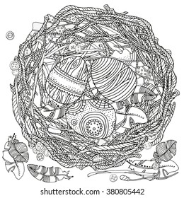 Bird's nest with eggs. Easter eggs. Decor. Spring. Hand-drawn decorative elements in vector. Pattern for coloring book. Black and white pattern.  Made by trace from sketch. Zentangle