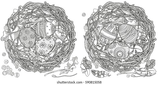 Bird's nest with eggs. Easter eggs. Set of anti stress coloring book pages for adult. Zentangle and doodle design elements.  Black and white vector illustration.