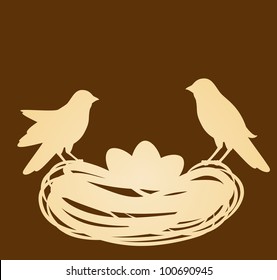 Birds in nest with eggs. Easter vector card