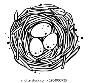 Bird's nest with eggs, hand drawn vector, monochrome