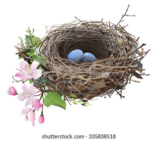 Bird's Nest with eggs.
Hand drawn vector illustration of a bird's nest with a couple of blue eggs, surrounded by sprig flowers and green shoots, on white background.