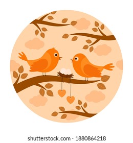 Birds with nest eggs on branch, vector illustration