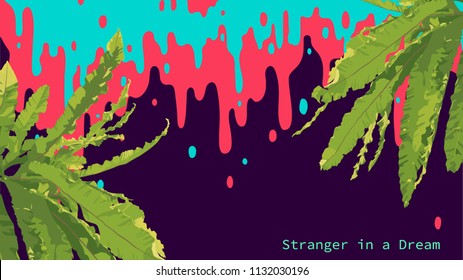 bird's nest fern and melting / dripping colour graphic element, tropical space modern - retro poster / background design