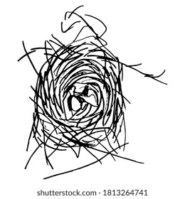Bird's nest. Hand drawn linear sketch. Black and white silhouette. Isolated vector illustration.