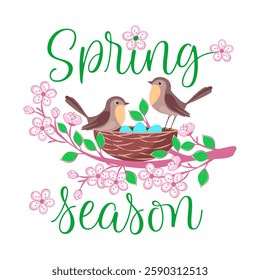 Birds in the nest hatching eggs and floral decor, springtime concept vector illustration, isolated on white background, poster, banner, greeting card.