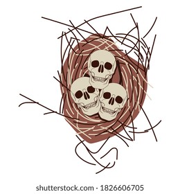Bird's nest with human skulls as nestlings or eggs. Creative concept. Cradle of death.