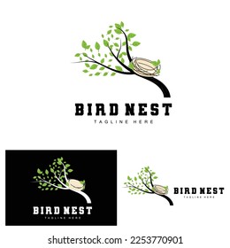 Bird's Nest Logo Design, Bird House Vector For Eggs, Bird Tree Logo Illustration