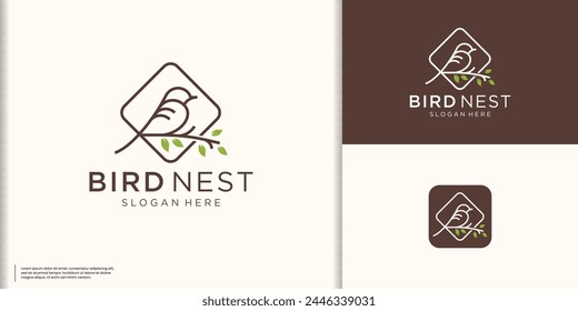 bird's nest logo design, twisted from thin twigs line with a leaf and bird frame line art style