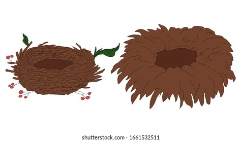 Bird's nest is made in a flat style. Color isolated illustration on a white background.