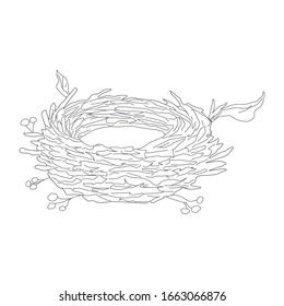 Bird's nest is made in a flat style. Linear illustration on a white background.