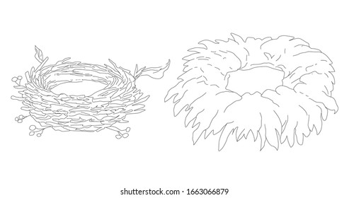 Bird's nest is made in a flat style. Linear illustration on a white background.