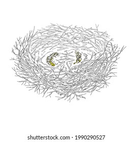 Vogelnest aus Baumzweigen und Sträuchern mit Federn. Vektorgrafik, handgezeichnet. Schwarz-Weiß-Skizze. Gravur.