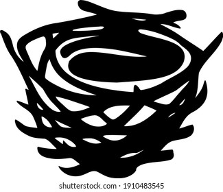 Bird's nest made of twigs. Cartoon forest picture. Vector single clipart in wildlife theme. Hand drawn black and white doodle. 