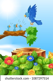 Birds In Nest Om The Tree Illustration