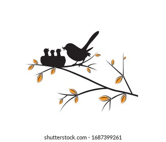 Birds in nest on branch on tree in autumn, vector. Cute birds silhouettes in love. Tree illustration in spring. Wall artwork, cartoon art design. Colorful childish poster design