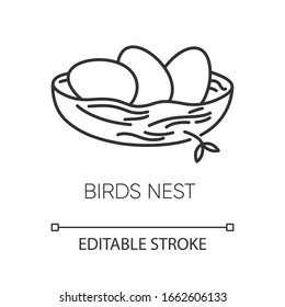 Birds nest pixel perfect linear icon. Chick breeding. Skincare product component. Eggs for Easter. Thin line customizable illustration. Contour symbol. Vector isolated outline drawing. Editable stroke