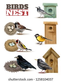 Birds nest set with editable text and realistic images of birds with wild nests and birdhouses vector illustration