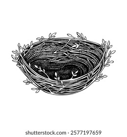 Birds nest sketch. Hand drawn spring illustration. Birdhouse vector. Easter design element. Not AI generated