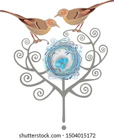 Birds at the nest. A stylized image of two blackbirds sitting on a tree at their nest. Vector graphics. 