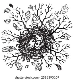 Bird's nest surrounded by tree branches with leaves, flying feathers, acorns