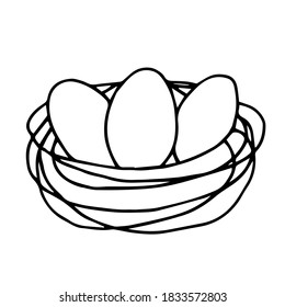 A bird's nest with three eggs. Stylized illustration for Easter. Vector. Drawn by the outline.