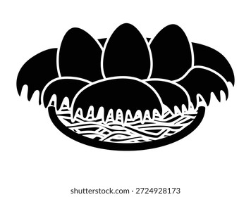 Nido de pájaro con tres huevos - silueta de Vector para un logotipo, pictograma o plantilla. Nido con la silueta de los huevos para el corte del laser