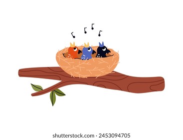 Bird's Nest. Vector illustration of a bird's nest located on a tree branch with singing chicks. Isolated flat illustration. Ideal for children's book graphics.