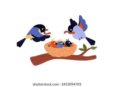 Nido de pájaro. Escena de Vector que muestra a una familia de pájaros ocupados con sus padres alimentando a pollitos que cantan en un nido en una rama. Ideal para material educativo o decoración infantil. Fondo aislado.