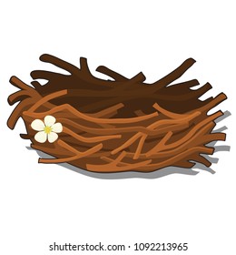 The bird's nest is woven of small twigs of wood isolated on white background. Vector cartoon close-up illustration.