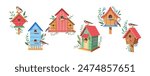 Birds nesting in birdhouses 2D cartoon objects set. Small wooden houses for avian animals flat line vector elements white background