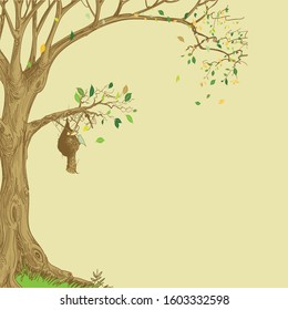 Birds nests on the branches of a tree. Leaves, feathers, wings, eggs. Environment, nature,Hand drawn illustration.